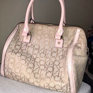 Calvin Klein baby pink and tan monogram satchel